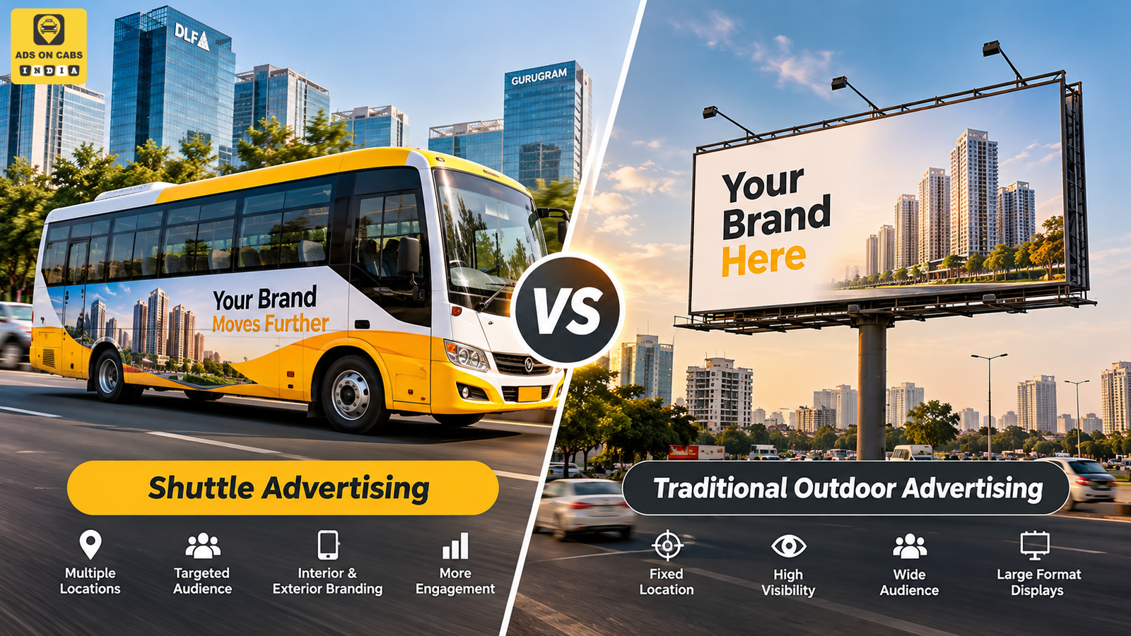 Shuttle advertising vs traditional outdoor advertising: branded shuttle and roadside billboard in Delhi NCR