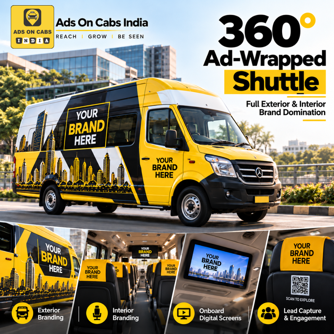 Ads On Cabs 360-degree shuttle advertising concept with exterior wrap, interior branding, screens and QR placements