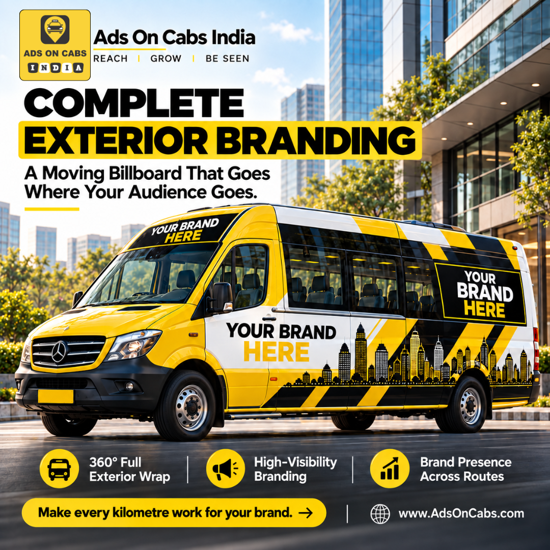 Exterior wrap concept for shuttle advertising in Delhi NCR, with yellow and black brand placement