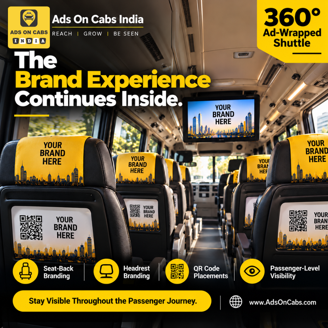 Seat-back and headrest branding concept for shuttle advertising in Delhi NCR, with passenger QR codes