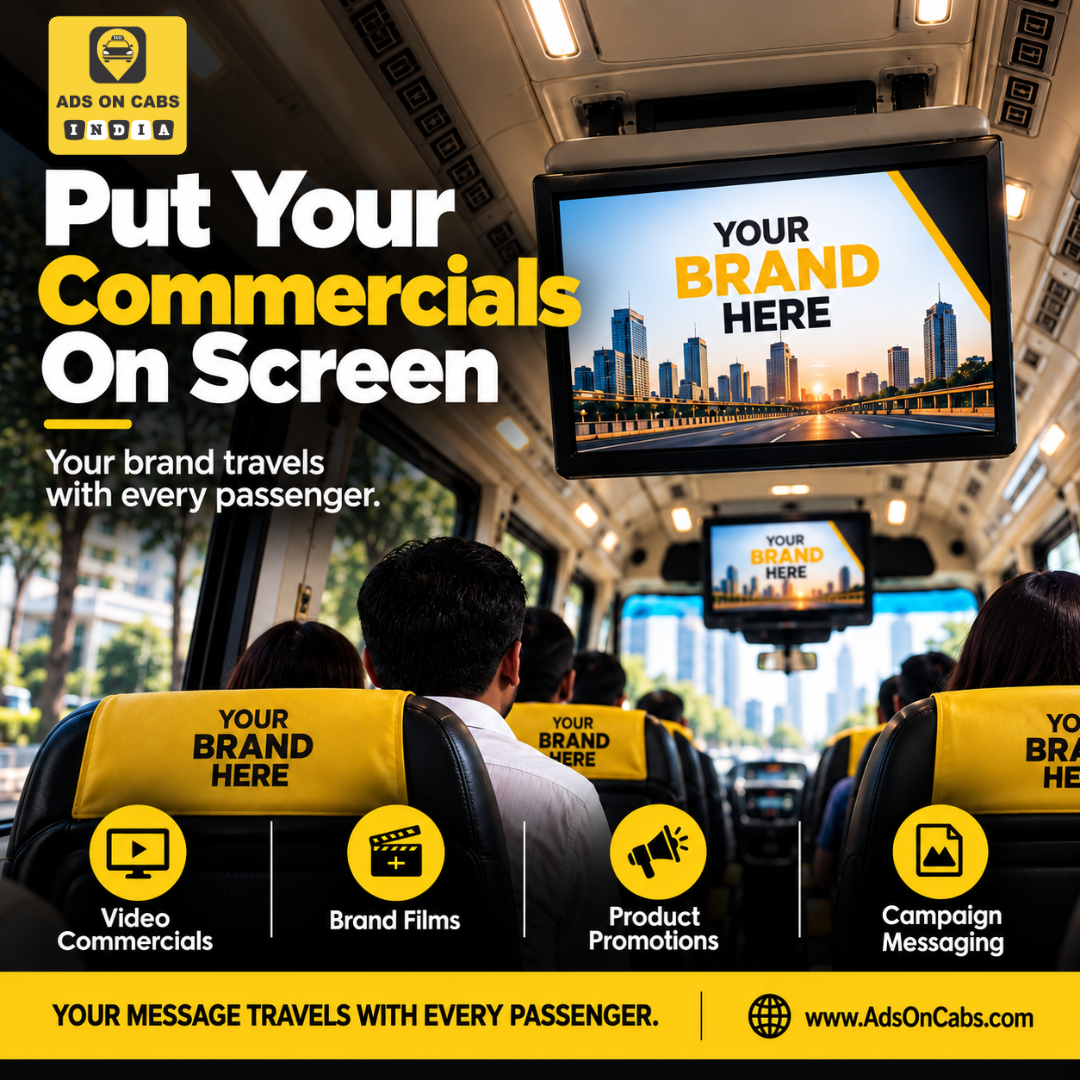 Onboard digital screen concept for shuttle advertising in Delhi NCR, showing a brand commercial