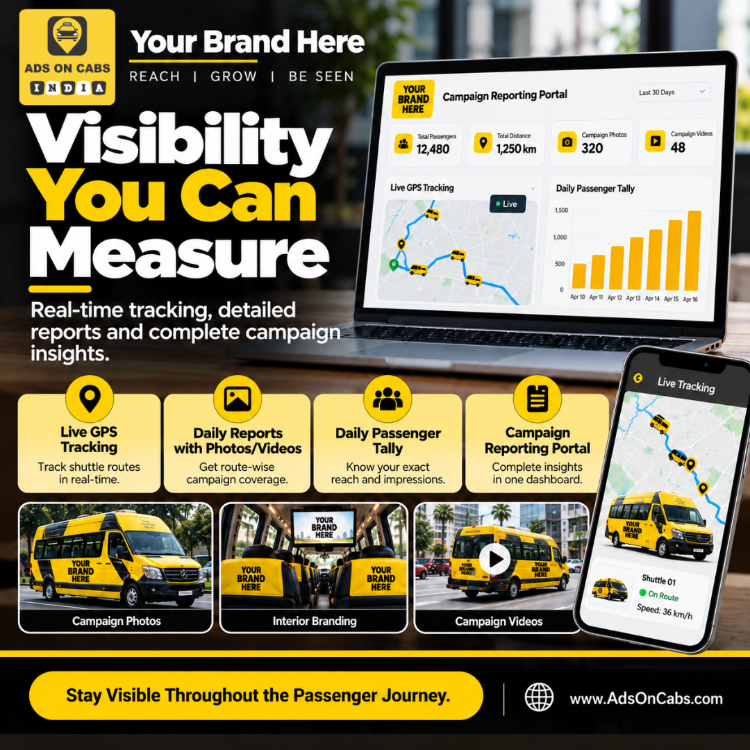 Illustrative shuttle campaign dashboard showing GPS routes, passenger tallies and photo and video reporting