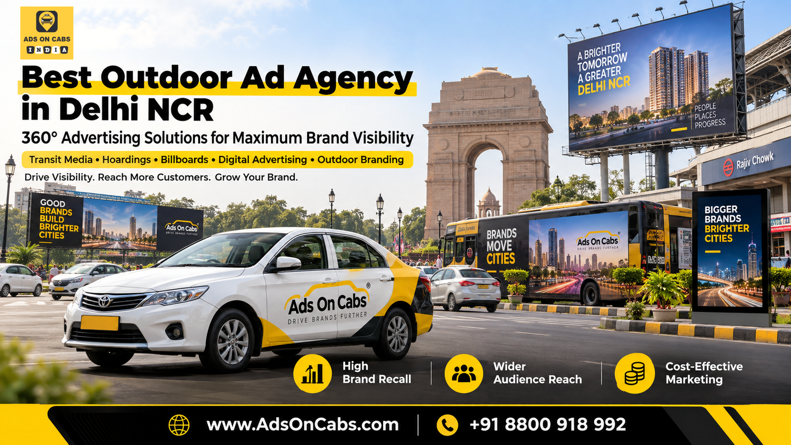 Outdoor advertising in Delhi NCR: Ads On Cabs India cab, bus, billboard and digital display campaign artwork