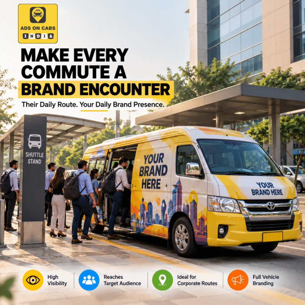 360 degree shuttle advertising by Ads On Cabs India featuring a fully branded corporate shuttle at an office shuttle stand.
